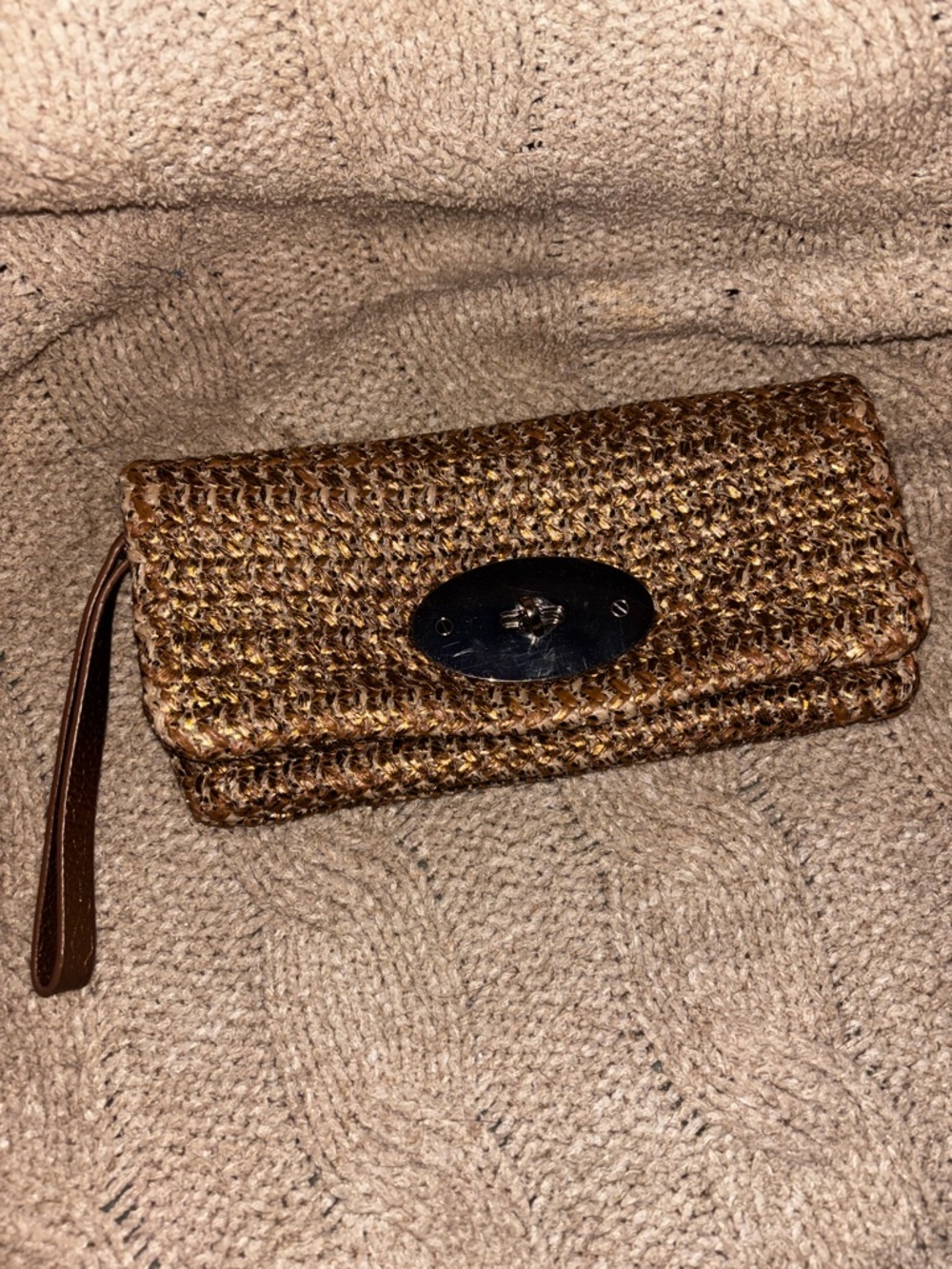 SALE! Vintage Gap 1969 Metallic Woven Raffia Clutch Wristlet Twist Lock Brown